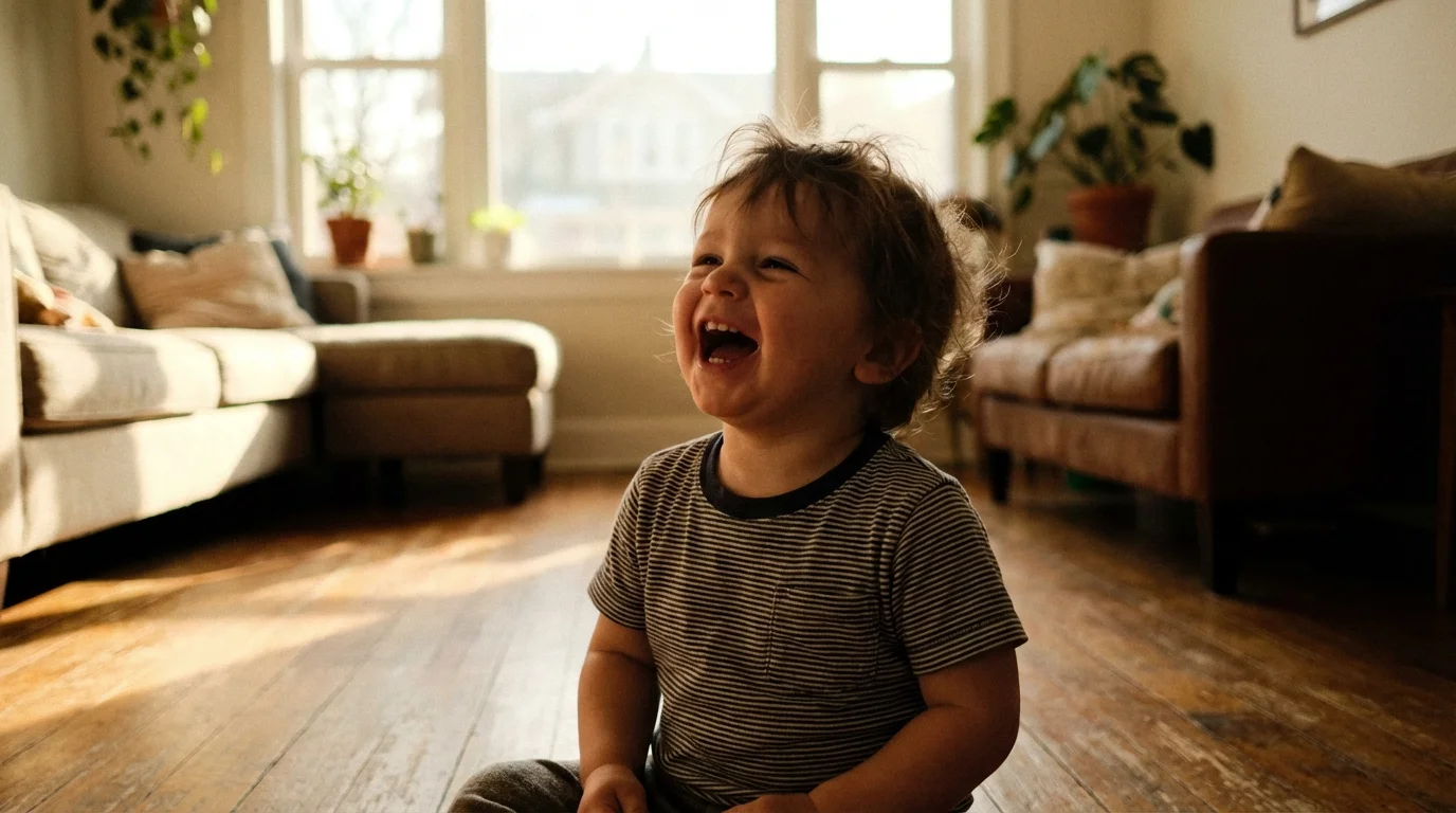A happy child enjoying independent playtime at home.
